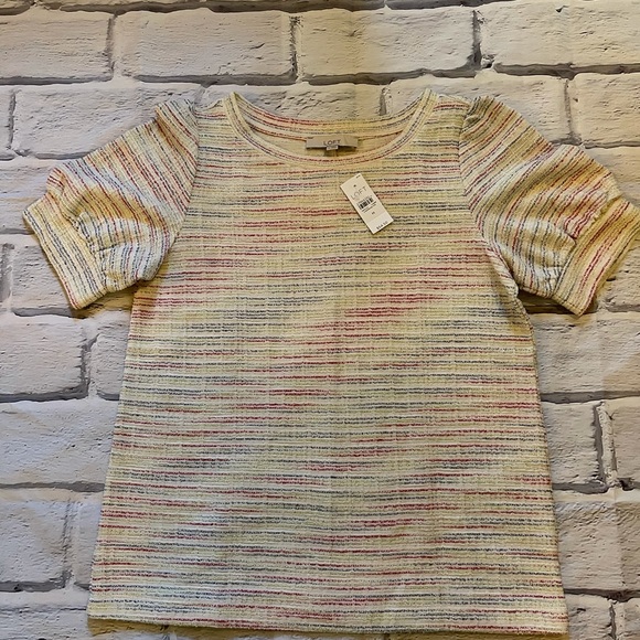 NWT - LOFT puff sleeve boucle rainbow sprinkle top. Sz M - Picture 2 of 5